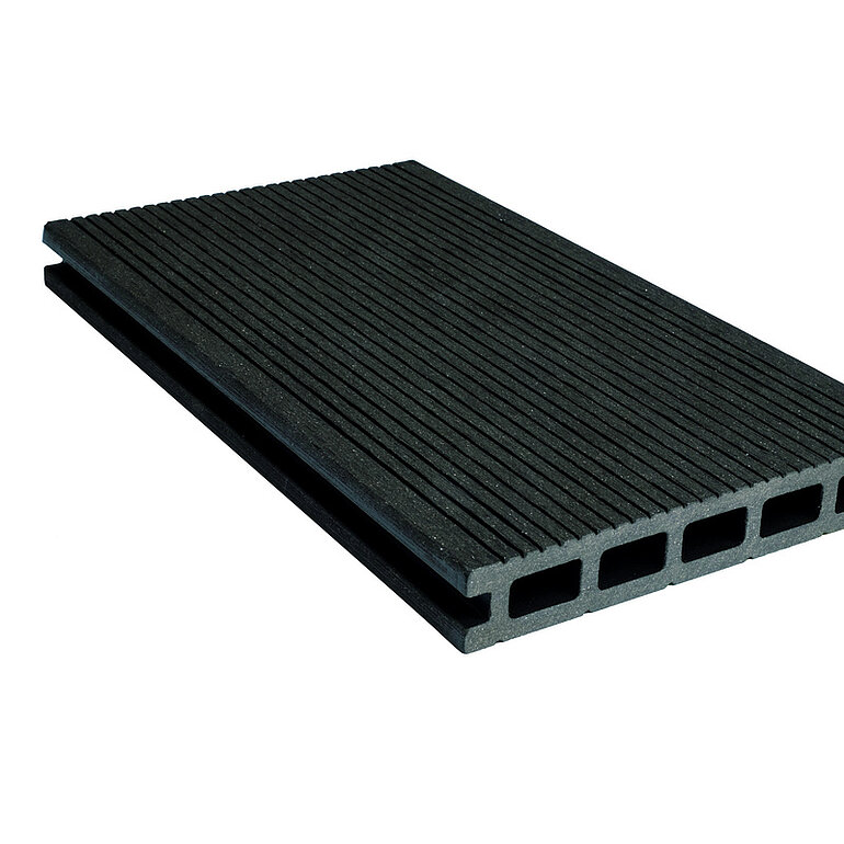 Produktbild: Terrassendiele BPC Hohlkammer Anthrazit einseitig gebürstet, einseitig geriffelt, längsseitige Nut, Risu - 22 x 140 mm