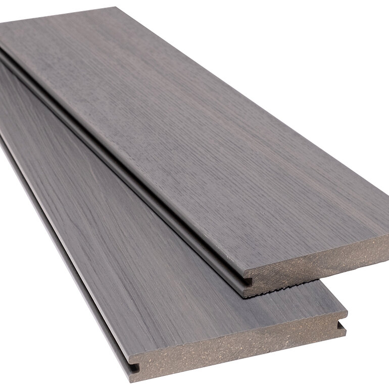 Produktbild: Terrassendiele BPC coextrudiert massiv Mediumgrau einseitig Holzstruktur, einseitig individuell strukturiert, längsseitige Nut, AreaPico - 20 x 140 mm