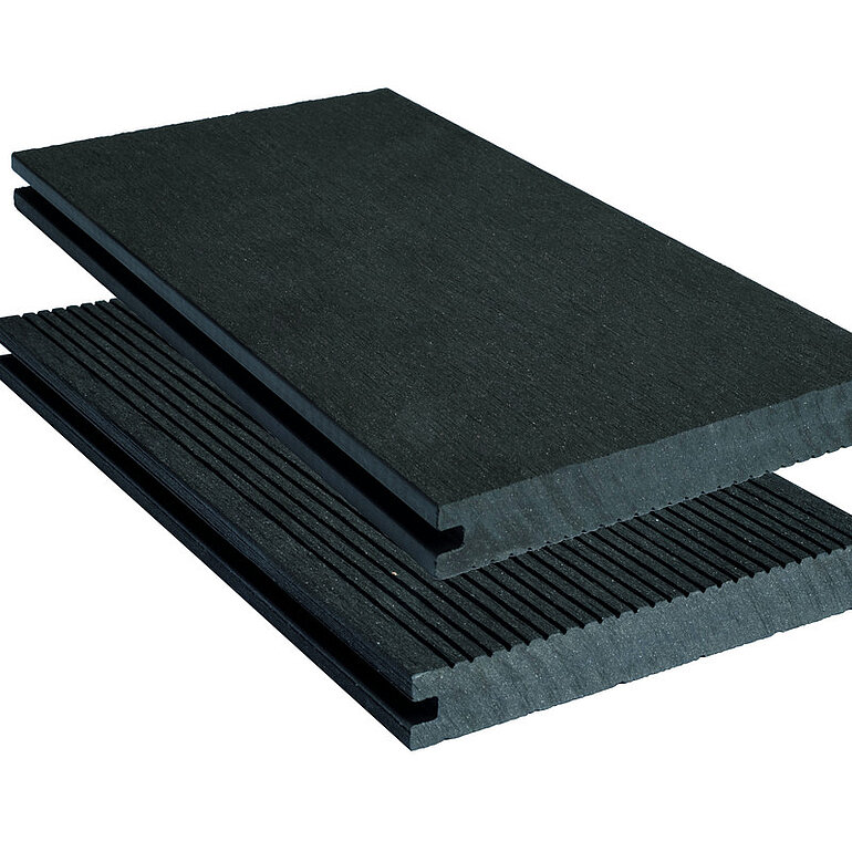 Produktbild: Terrassendiele BPC massiv Anthrazit einseitig geriffelt, einseitig glatt, längsseitige Nut, Miru - 20 x 140 mm