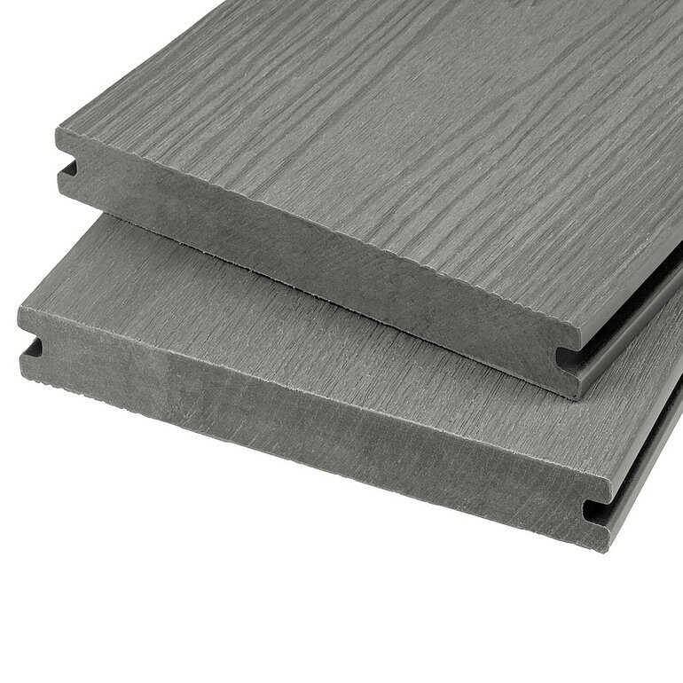 Produktbild: Terrassendiele BPC coextrudiert massiv Mediumgrau einseitig Holzstruktur, einseitig individuell strukturiert, längsseitige Nut, PrimoMax+ - 20 x 210 mm