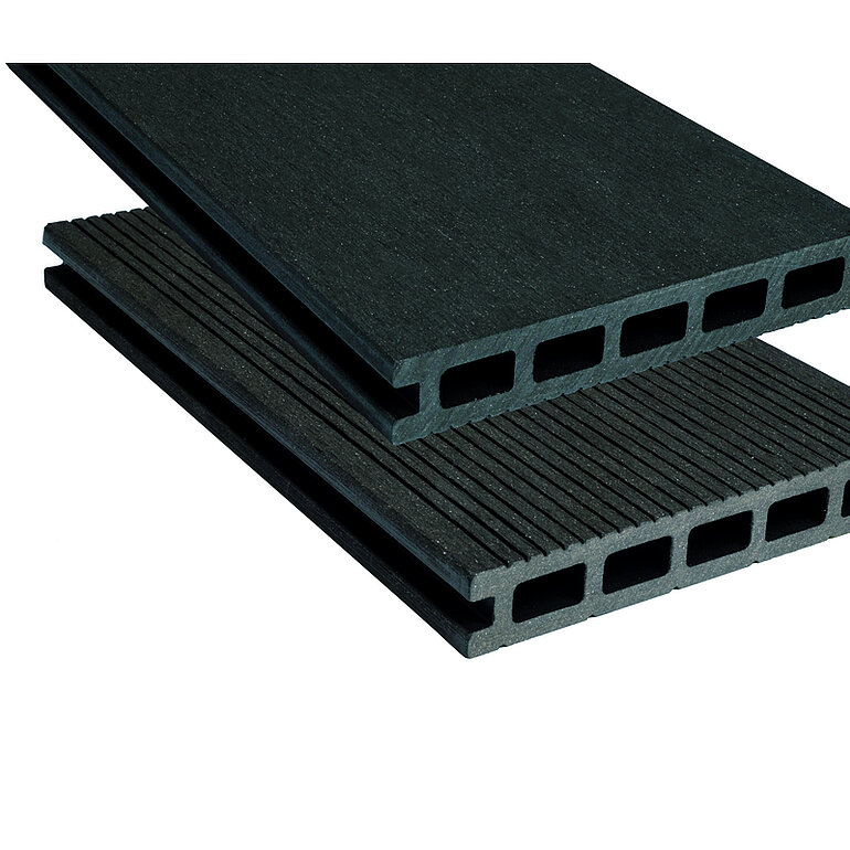 Produktbild: Terrassendiele BPC Hohlkammer Anthrazit einseitig gebürstet, einseitig geriffelt, längsseitige Nut, Risu - 22 x 140 mm