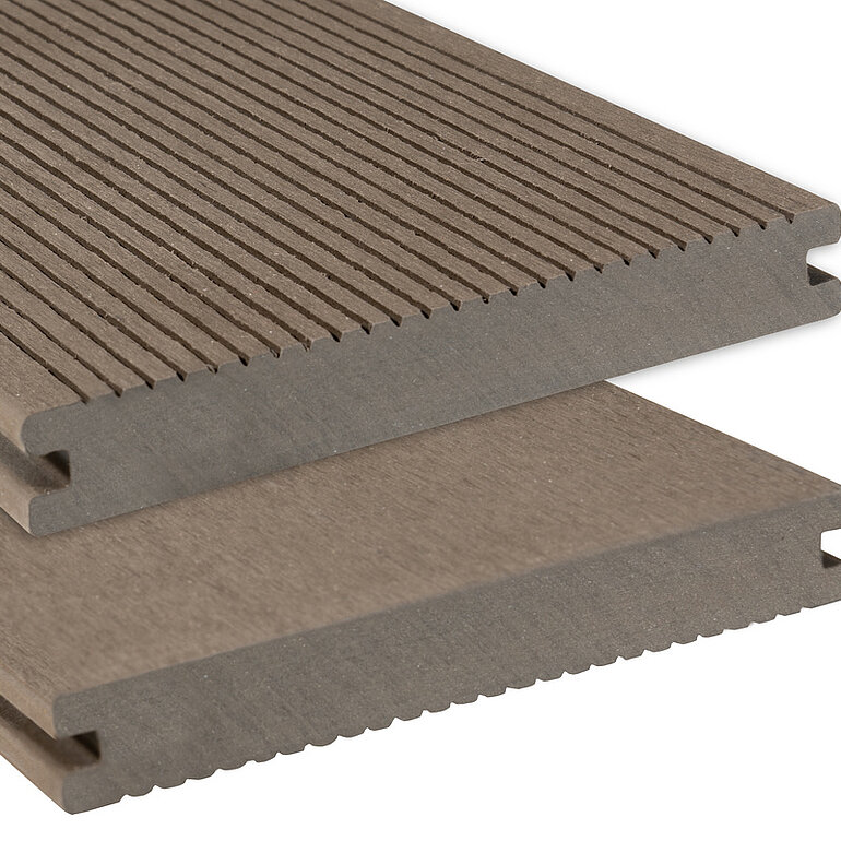 Produktbild: Terrassendiele BPC massiv Dunkelbraun einseitig geriffelt, einseitig glatt, längsseitige Nut, Miru - 20 x 140 mm