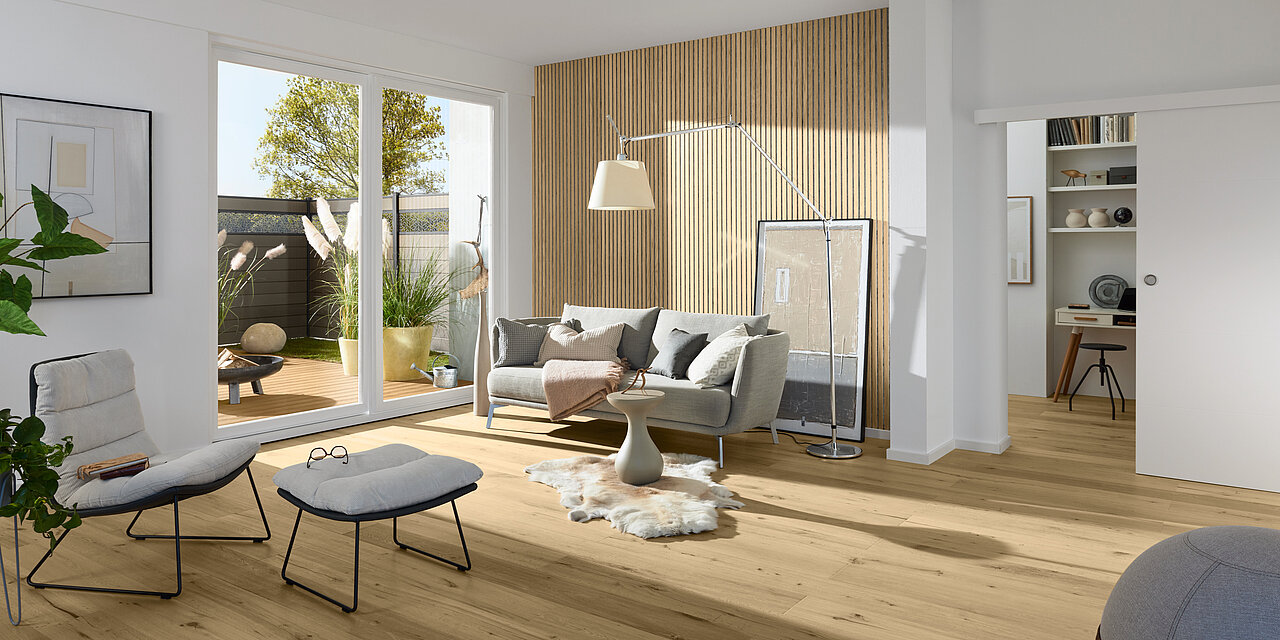 Skandi Wohnzimmer mit HQ Boden und Wandverkleidung