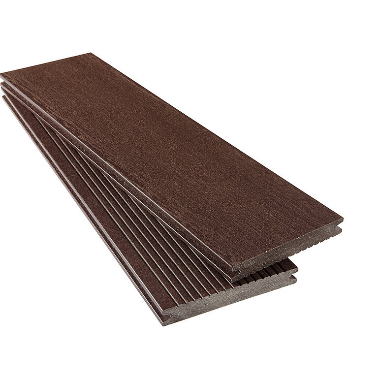 Produktbild: Terrassendiele WPC massiv Rotbraun einseitig individuell strukturiert, einseitig geriffelt, längsseitige Nut, Formapico - 19 x 140 mm