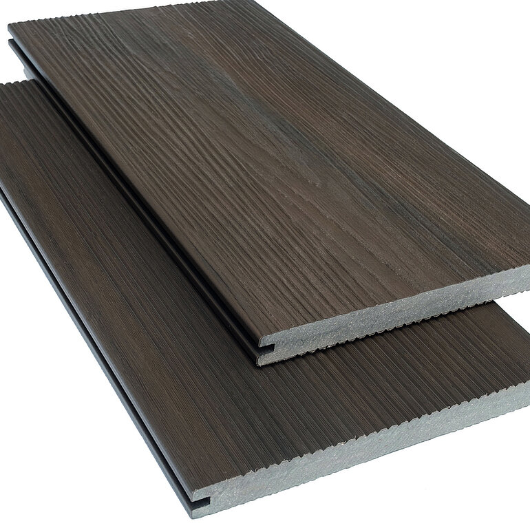 Produktbild: Terrassendiele BPC coextrudiert massiv Walnuss einseitig Holzstruktur, einseitig geriffelt, längsseitige Nut, Area - 20 x 210 mm