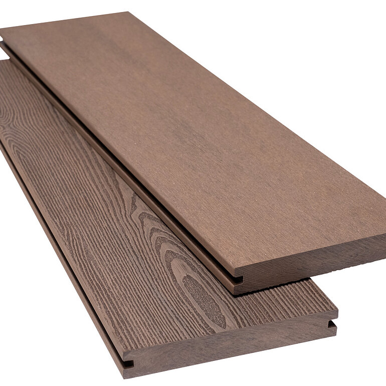 Produktbild: Terrassendiele BPC massiv Braun einseitig Holzstruktur, einseitig gebürstet, längsseitige Nut, Nodos - 20 x 140 mm