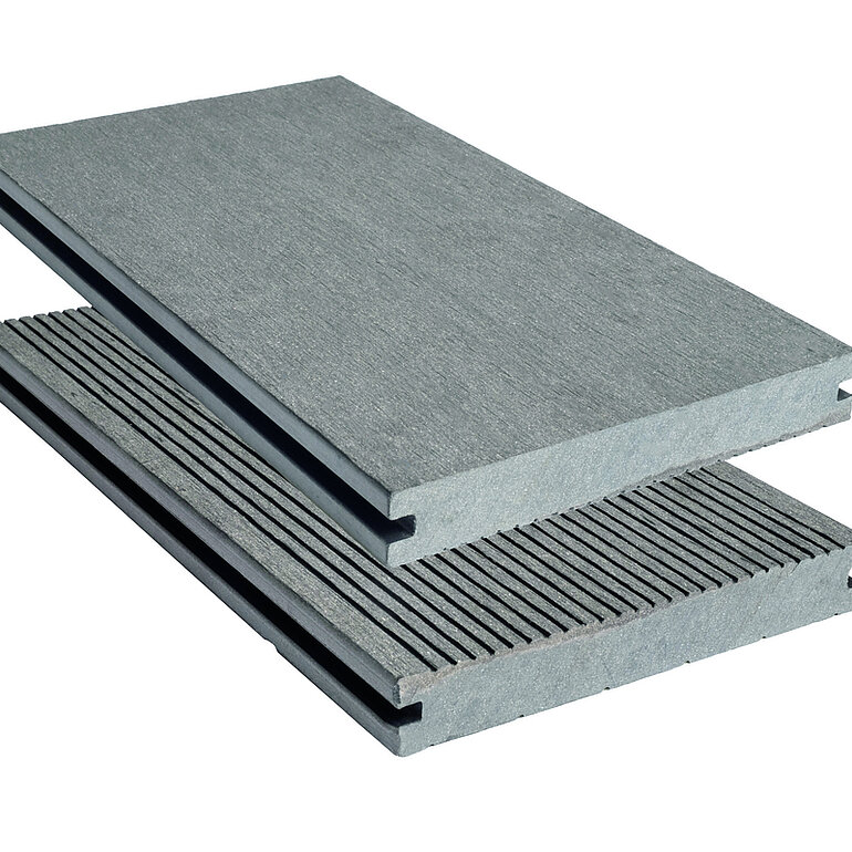 Produktbild: Terrassendiele BPC massiv Hellgrau einseitig geriffelt, einseitig glatt, längsseitige Nut, Miru - 20 x 140 mm