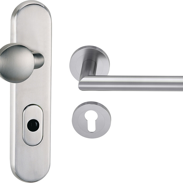 Produktbild: Kombi-Schutzgarnitur Guard Feuerschutz Schild/ Rosette inkl. Griffst. Angolo, ES1/S2-Norm, Außensch. m. Edelstahlabd.