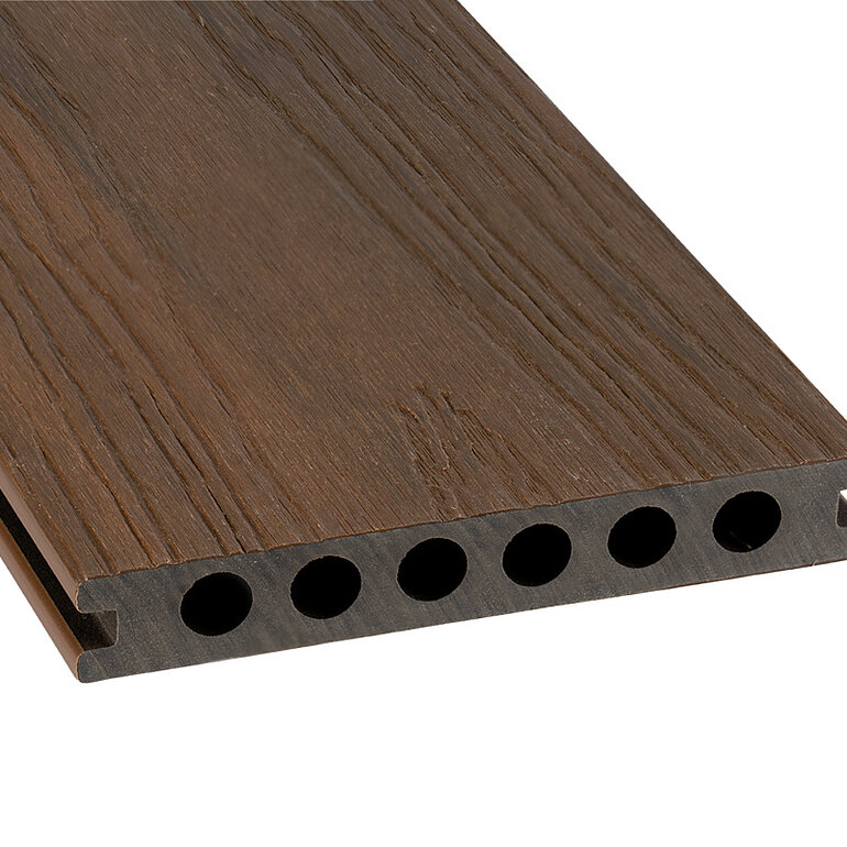 Produktbild: Terrassendiele BPC coextrudiert Hohlkammer Nussbraun einseitig Holzstruktur, einseitig individuell strukturiert, längsseitige Nut, Primo - 21,5 x 136 mm