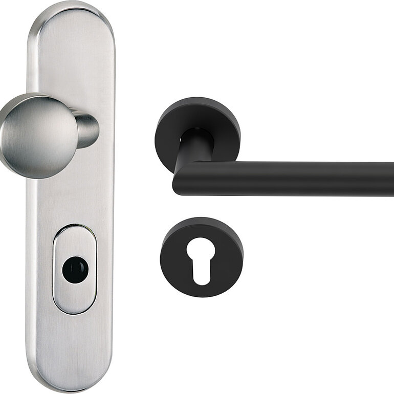 Produktbild: Kombi-Schutzgarnitur Guard Schild/ Rosette inkl. Griffst. Angolo Blackline, ES1/S2-Norm, Außensch. m. Edelstahlabd.