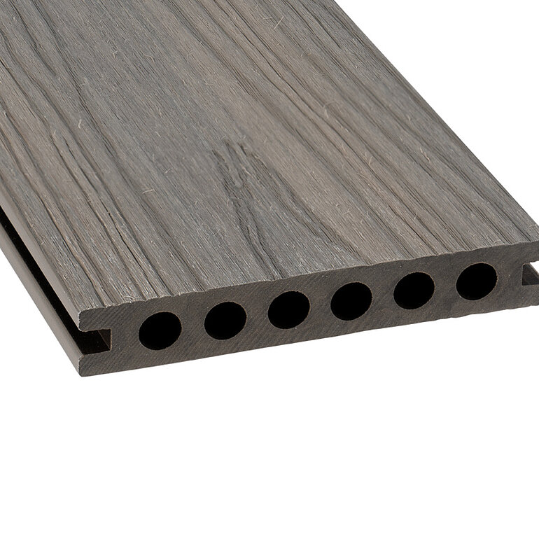 Produktbild: Terrassendiele BPC coextrudiert Hohlkammer Silbergrau einseitig Holzstruktur, einseitig individuell strukturiert, längsseitige Nut, Primo - 21,5 x 136 mm