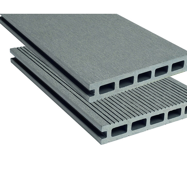 Produktbild: Terrassendiele BPC Hohlkammer Hellgrau einseitig gebürstet, einseitig geriffelt, längsseitige Nut, Risu - 22 x 140 mm