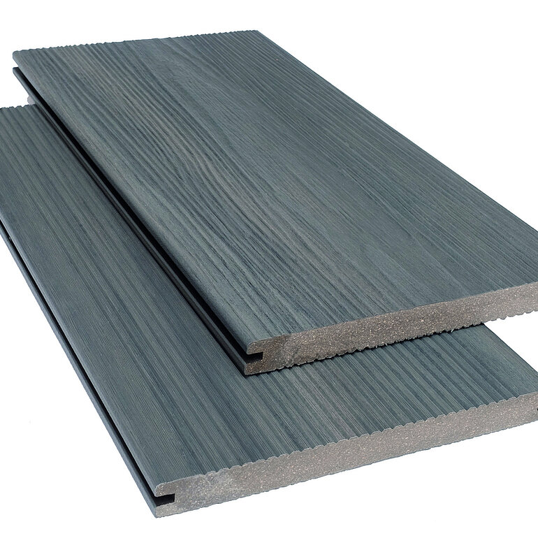 Produktbild: Terrassendiele BPC coextrudiert massiv Mediumgrau einseitig Holzstruktur, einseitig geriffelt, längsseitige Nut, Area - 20 x 210 mm