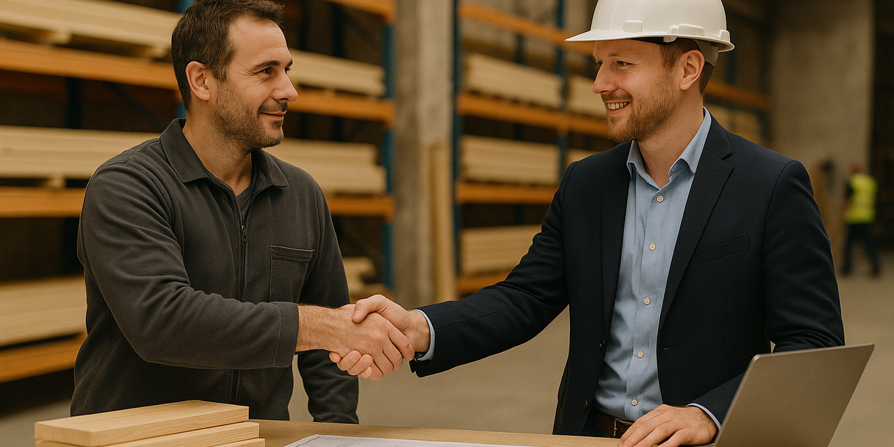 Zwei Männern, die sich die Hände schütteln in einem Holzlager