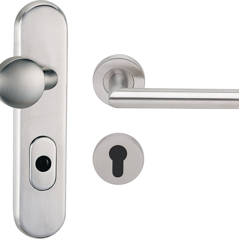 Produktbild: Kombi-Schutzgarnitur Guard Schild/Rosette inkl. Griffstück Angolo, ES1/S2-Norm, Außenschild mit Edelstahlabdeckung